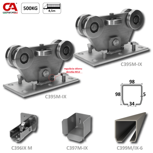 MEDIO INOX (98x98mm) nerezový samonosný systém pro posuvné brány do 500kg/ otvor: 8,5m (C399M-IX 1x6m nerezový profil, C395M/IX 2ks, C397M-IX 1ks, C396M-IX 1 ks), nerez AISI304 bez povrch. úpravy